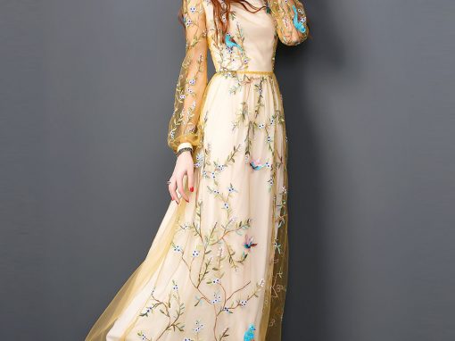 Yellow Lace Embroidery Elegant Maxi Evening Dres
