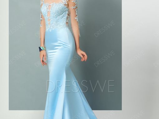 3/4 Length Sleeves Lace Applique Deep Back Court Train Mermaid Long Evening Dress